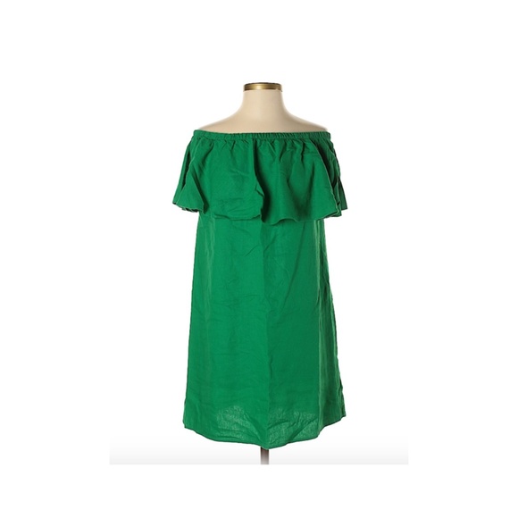 Green Ruffled Off the Shoulder Linen Dress - Picture 1 of 2